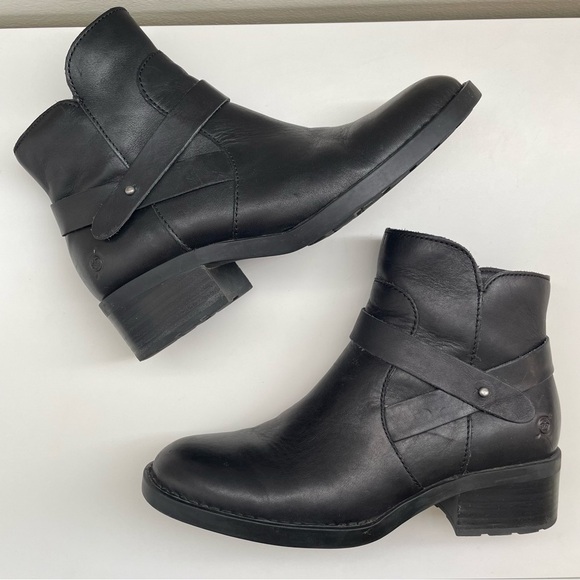 Born Shoes - Born Tori leather Boots size 8 black cross strap bootie basic heeled motorcycle